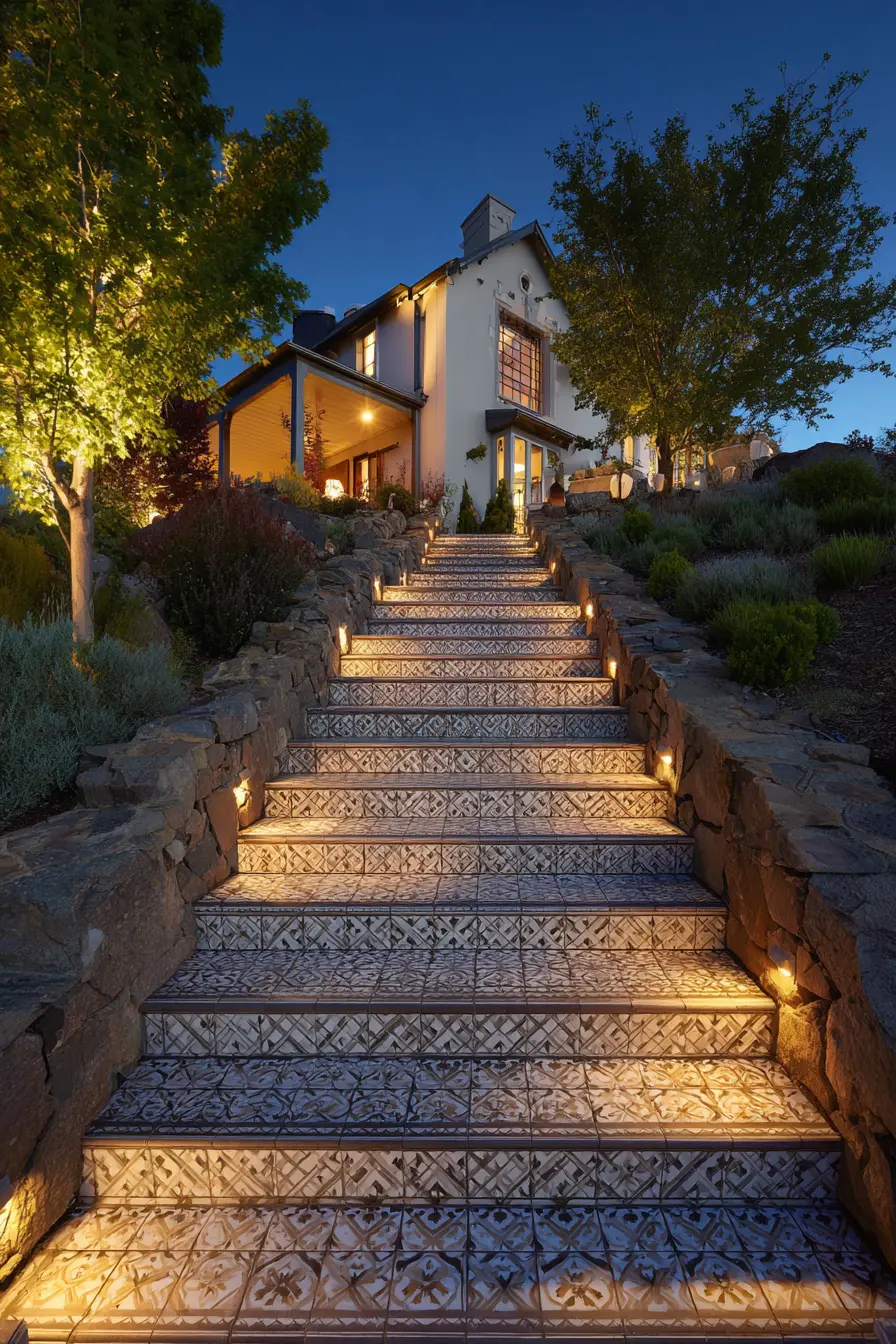 Patterned Tile Stair Risers with Elegant Lighting