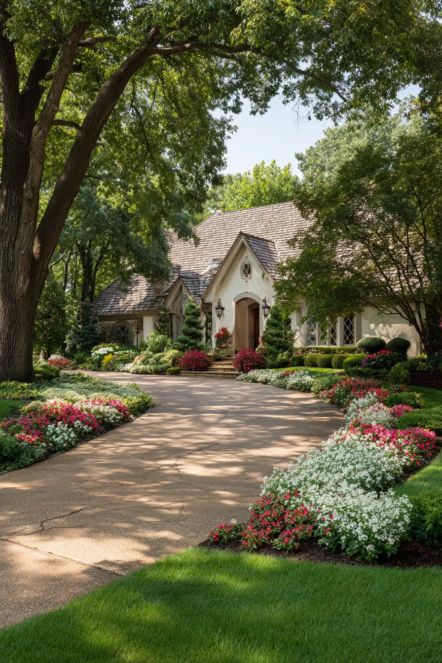 Curved Parking Pad with Colorful Garden Borders