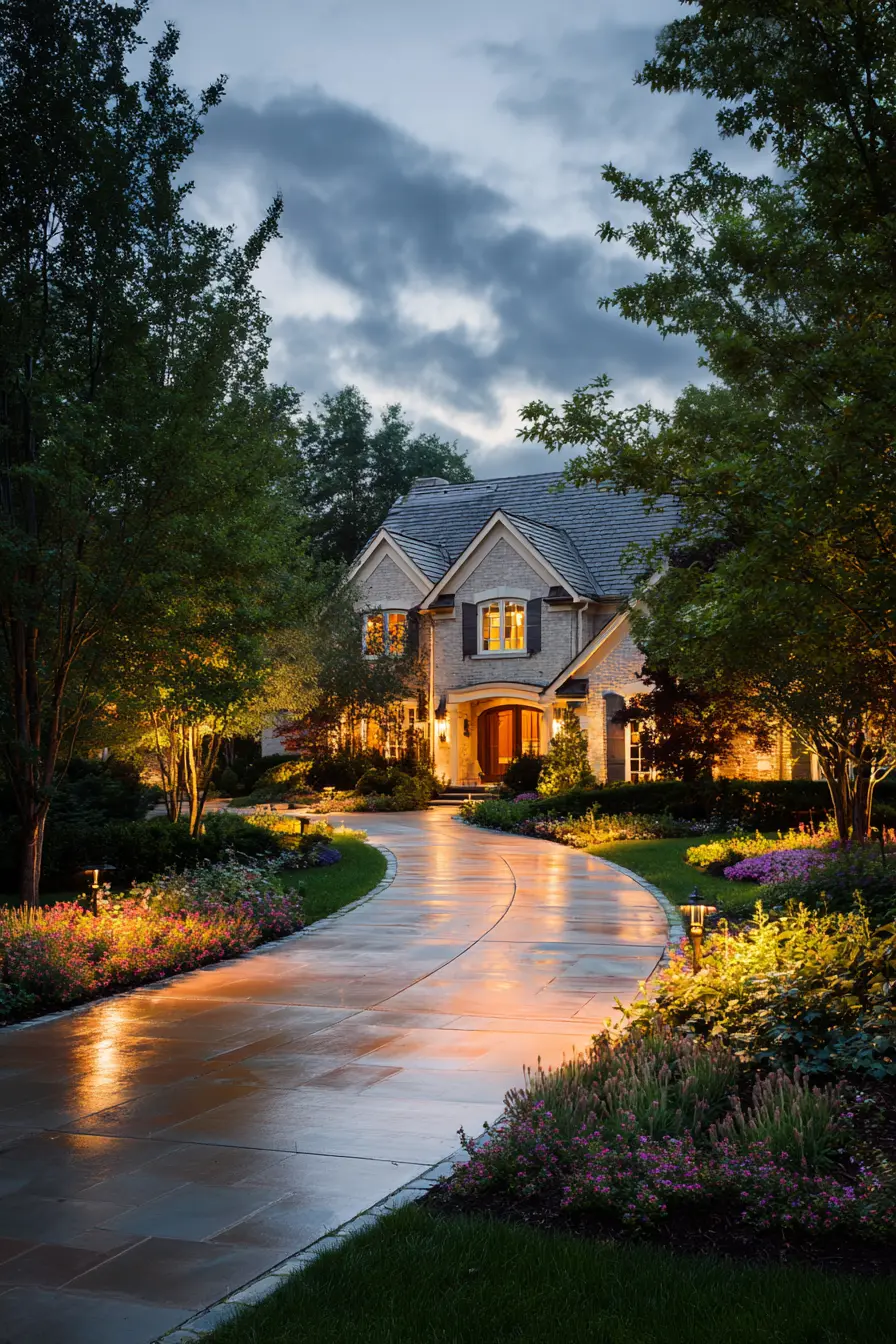 Driveway Island with Elegant Night Lighting