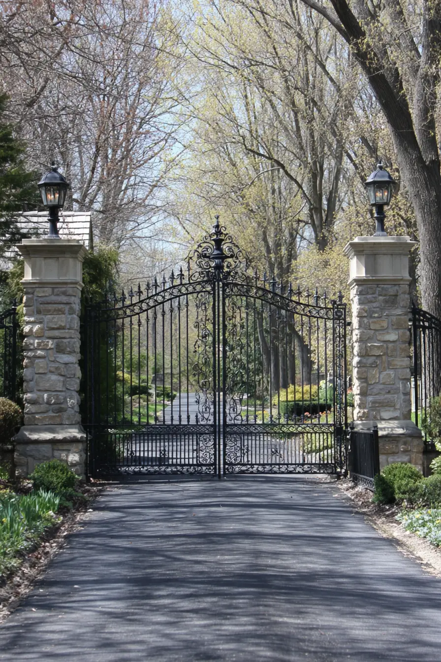 Grand Driveway Entrance with Wrought Iron Gate
