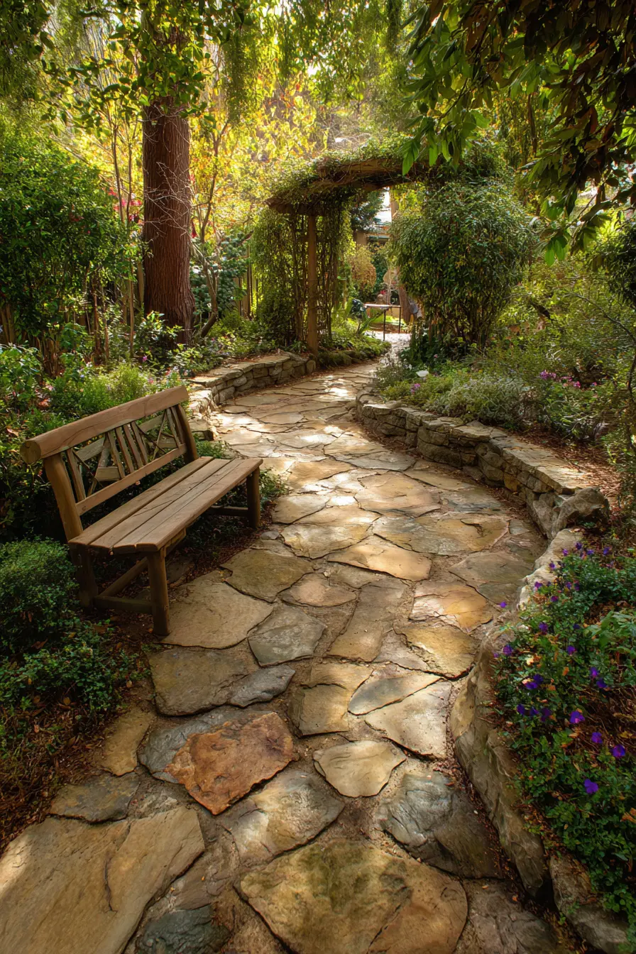 Limestone Walkway with Garden Bench and Arbor