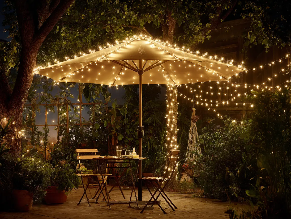Weave String Lights Around the Spokes of a Patio Umbrella