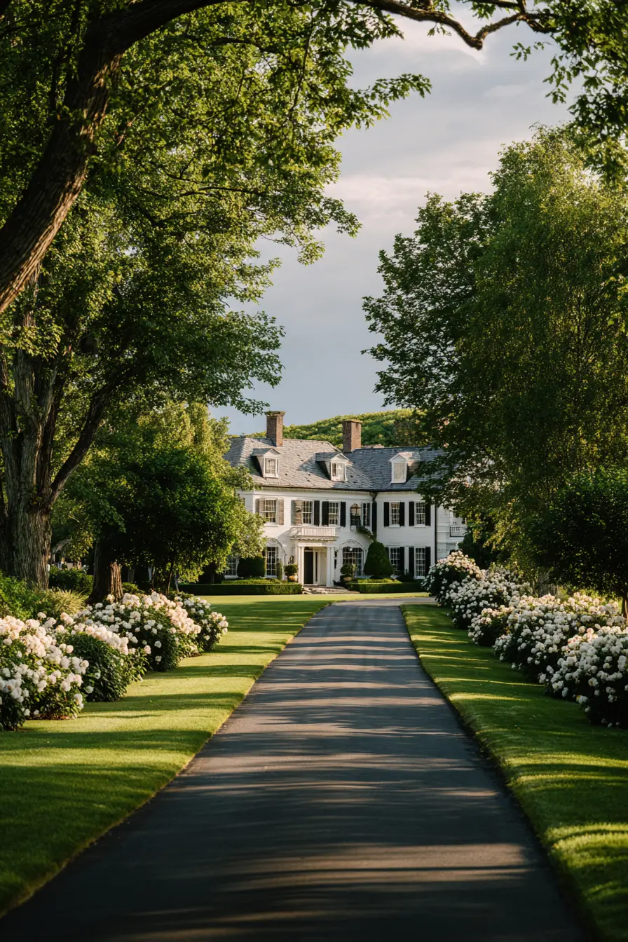 Elegant Driveway with Rose-Lined Pathway