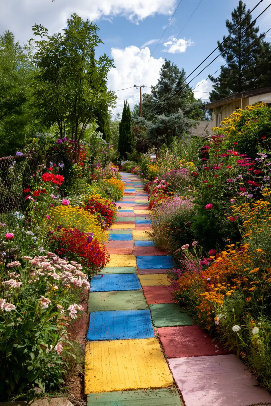 Colorful Cement Walkway with Playful Garden Vibes