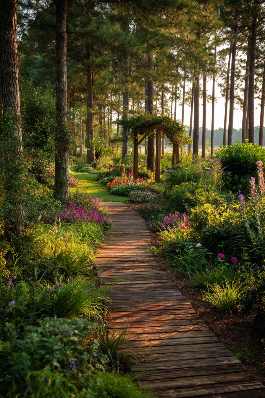Wooden Pathway with Garden Arch and Wildflowers