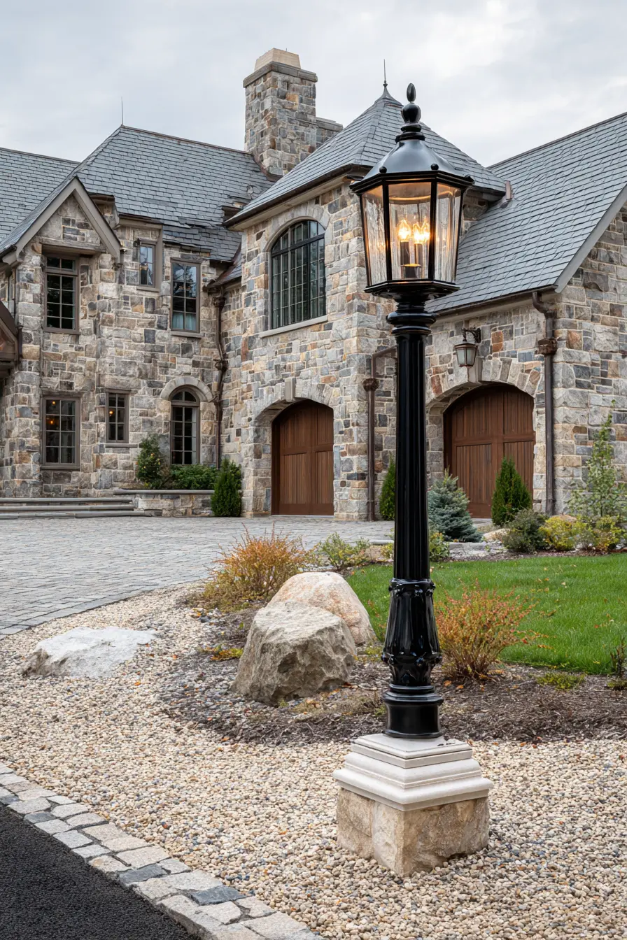 Classic Black Driveway Lamp Post on Stone Base