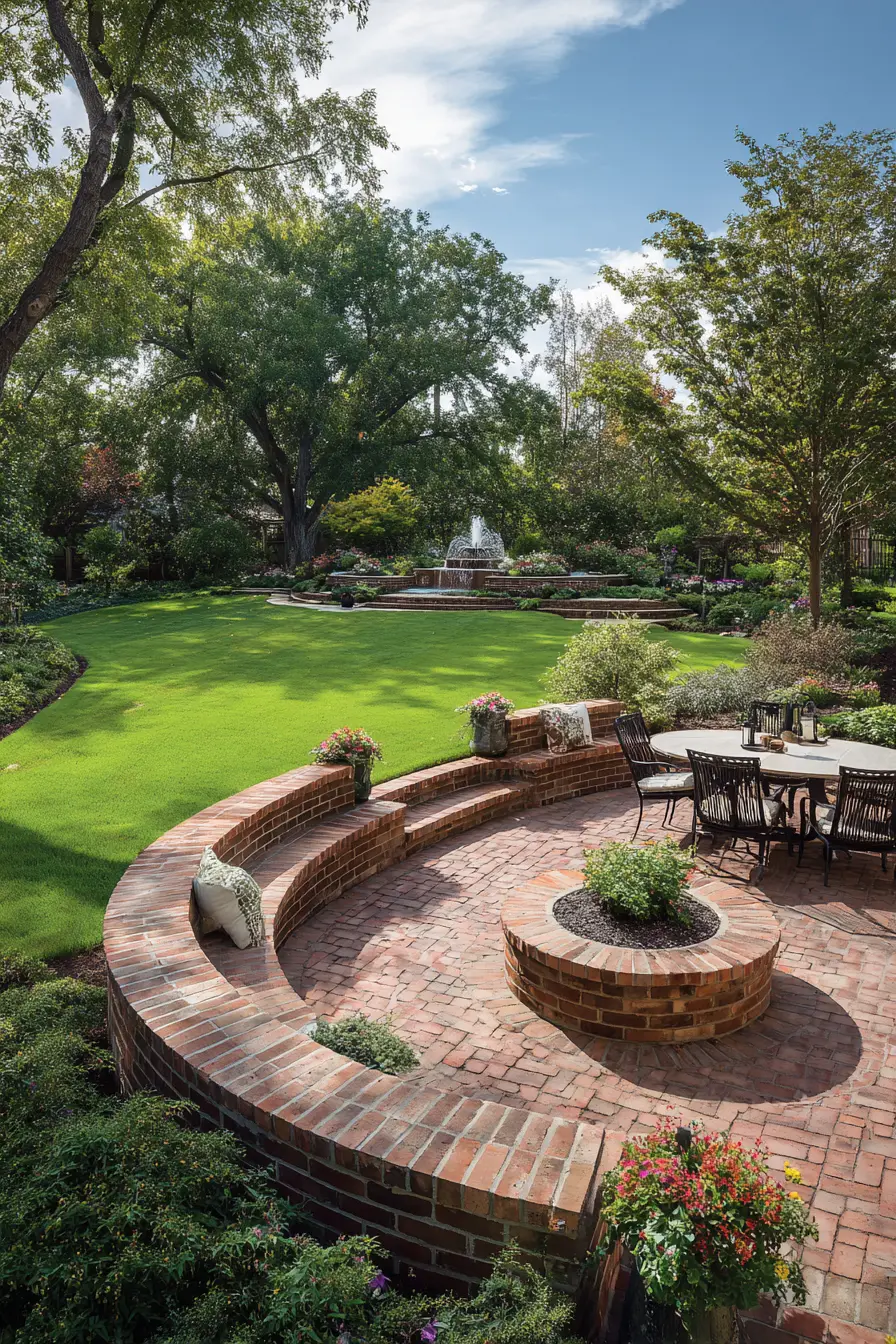 Circular Brick Patio with Garden Fountain View