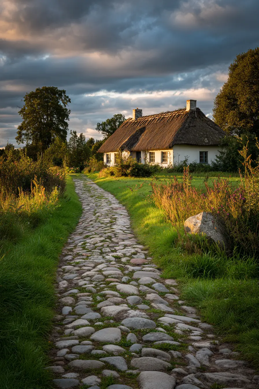 Rustic Cobblestone Driveway Leading to a Charming Cottage