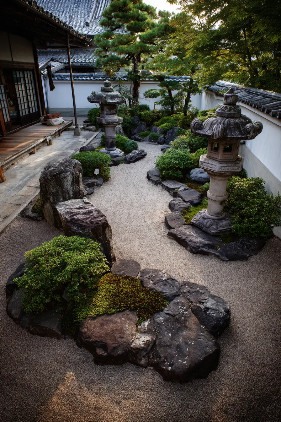 Zen Gravel Pathway with Stones and Lanterns
