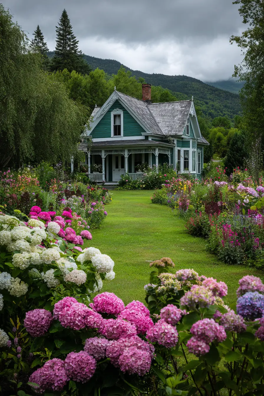Vintage Dark Green Cottage with Blooming Garden Path