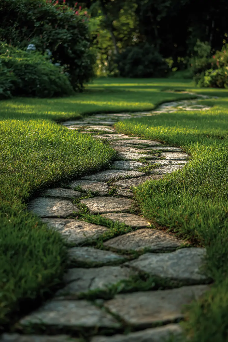 Natural Stone Path Through Green Lawn