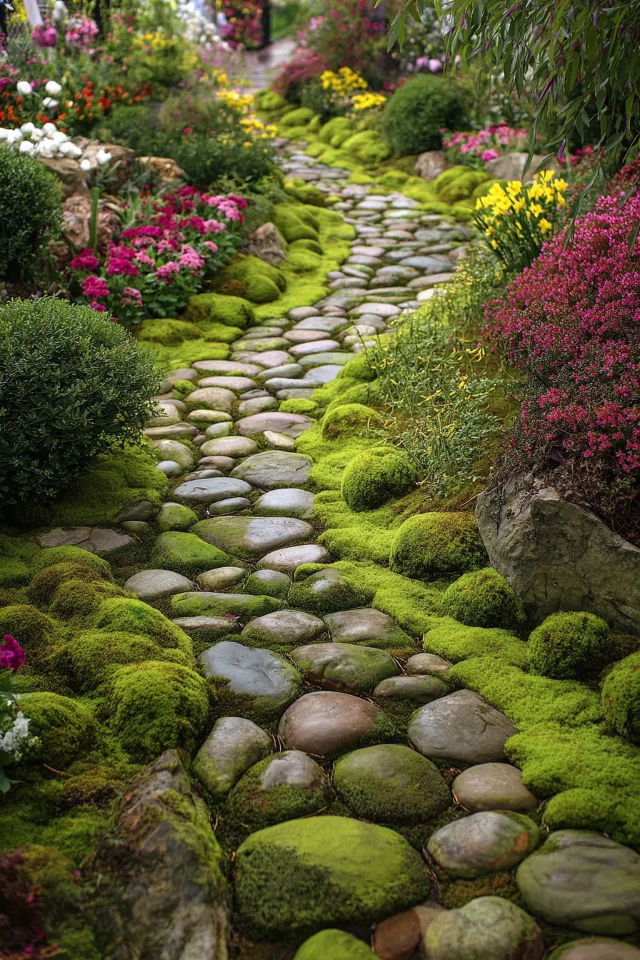 Moss-Covered Stone Pathway with Garden Charm