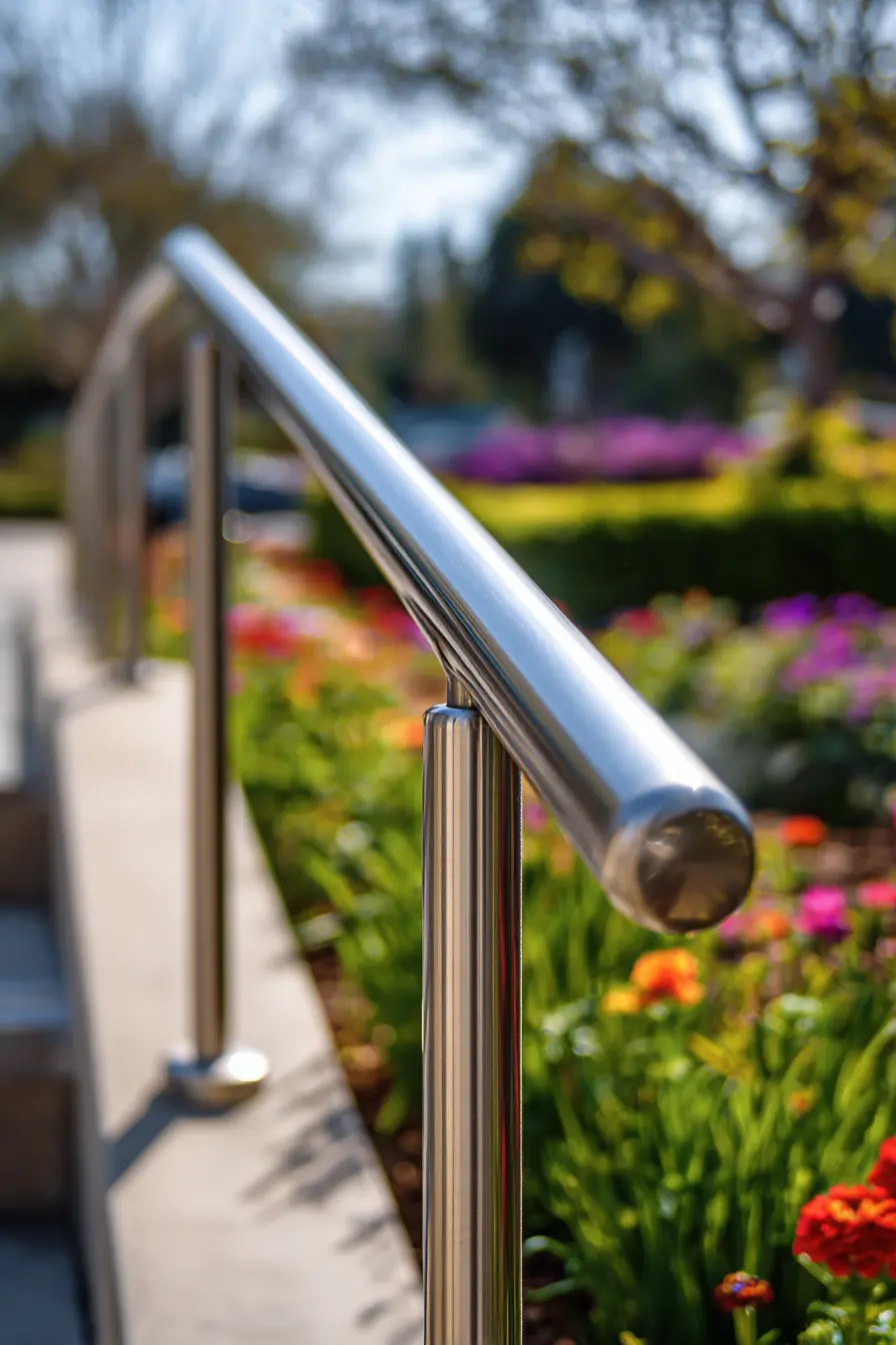 Polished Stainless-Steel Ramp Handrail in Blooming Garden