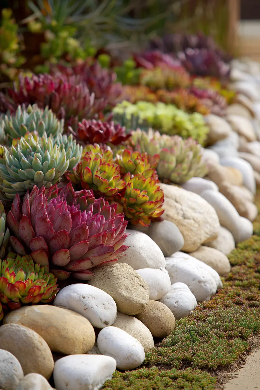 Stone Path with Lush Grass and Colorful Flower Borders
