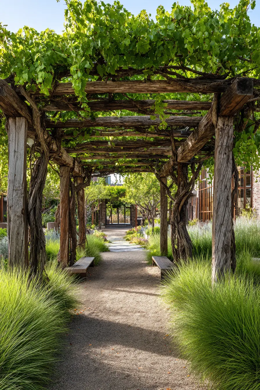 Driveway Patio with Rustic Pergola and Green Canopy