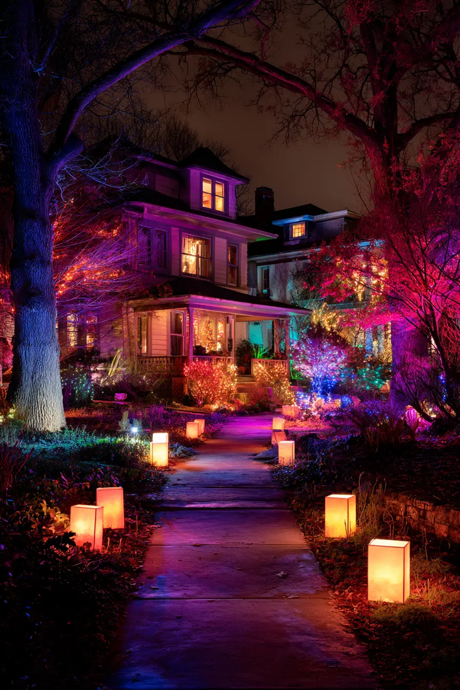 Vibrant Color Lighting for a Bold Front Yard Statement