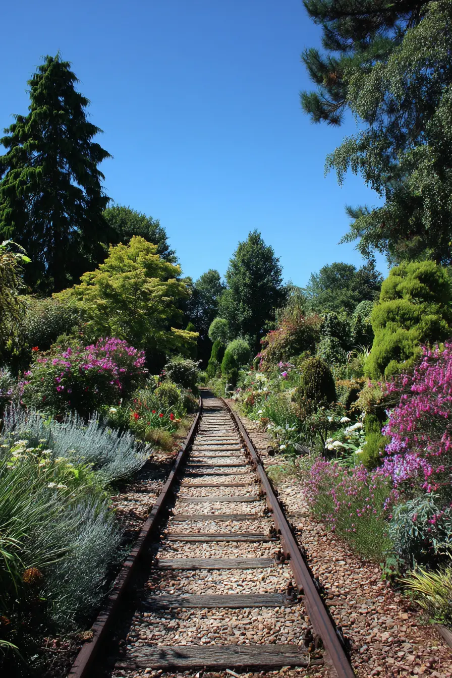 Railroad Tie Walkway Surrounded by Lush Gardens