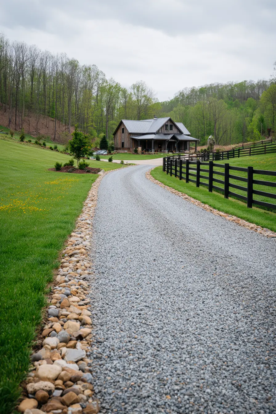 Farmhouse Driveway with Pea Gravel Charm