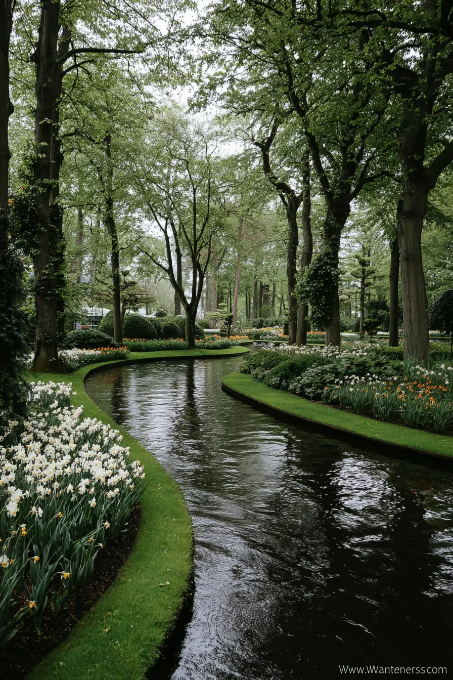 Serene Grassy Path Beside a Garden Stream