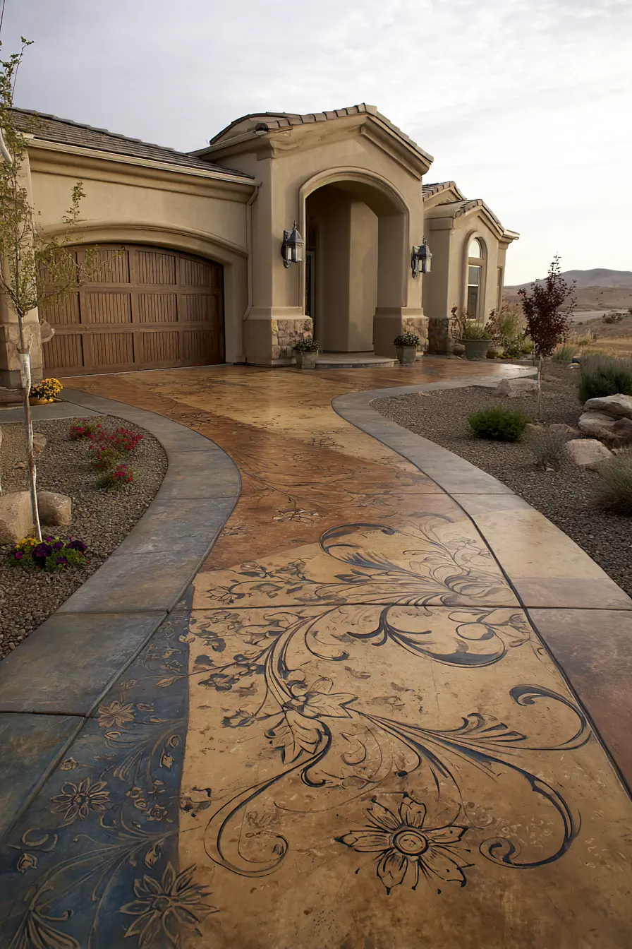 Decorative Stamped Concrete Driveway with Floral Detail