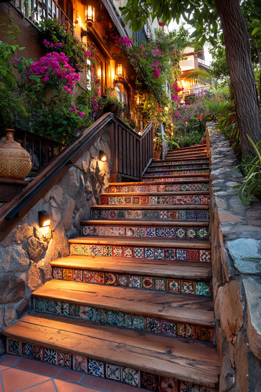 Vibrant Wooden Steps with Colorful Tile Accents