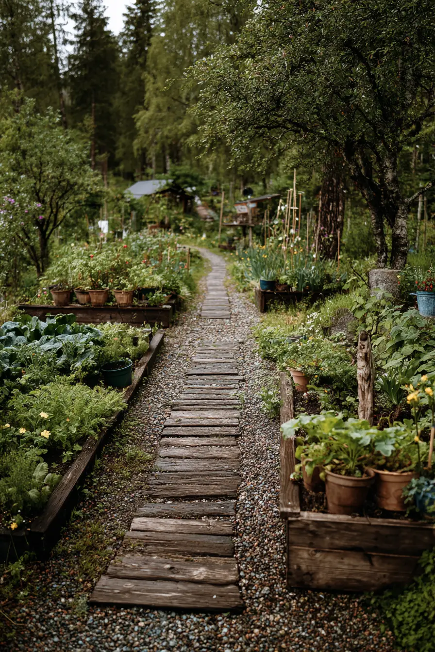 Wooden Plank and Pebble Pathway in a Cottage Garden