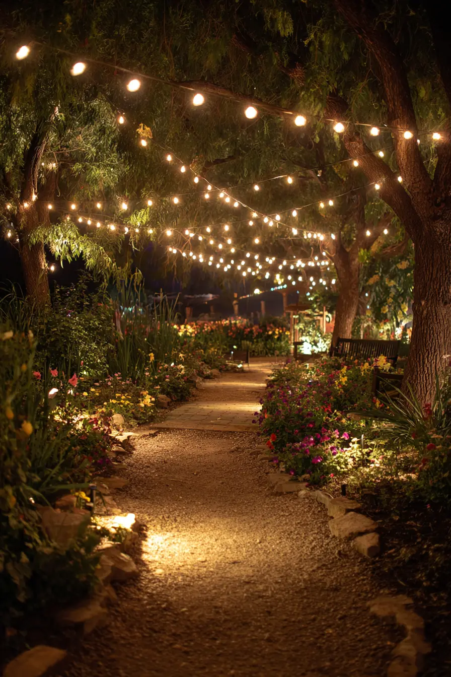 Enchanting Cottage Garden Path with String Lights