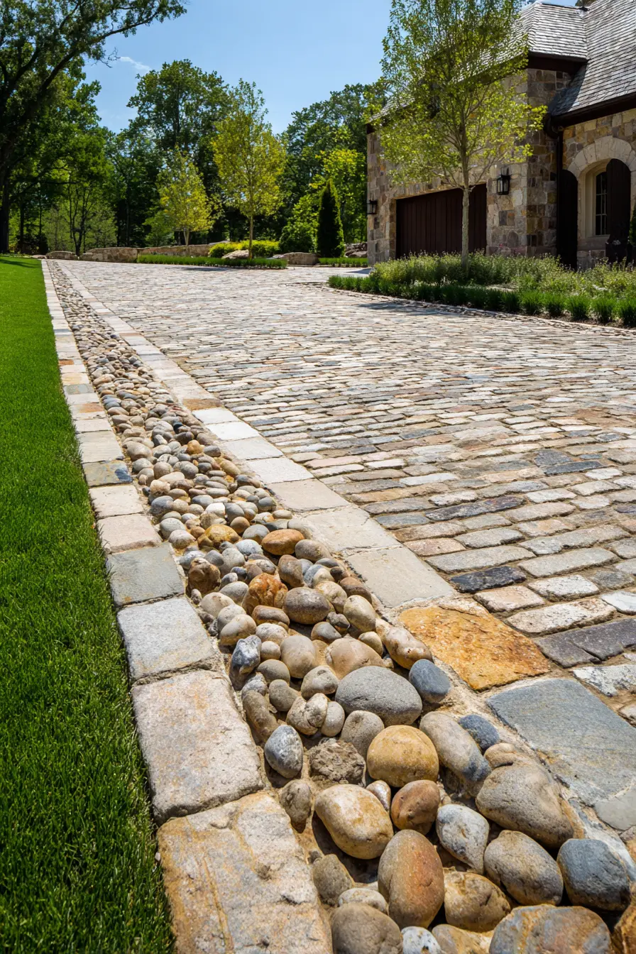Cobblestone Block Paved Driveway with Pebble Drainage