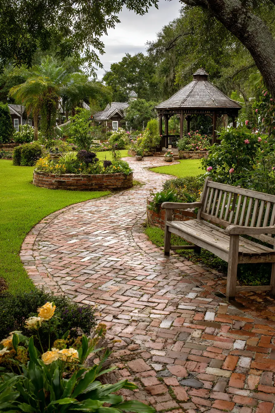 Curved Brick Paver Walkway to Garden Gazebo