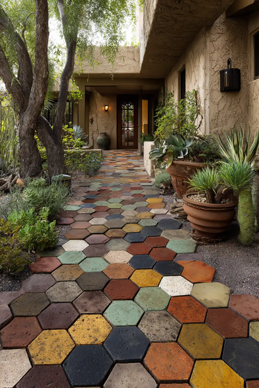 Colorful Hexagon Brick Paver Walkway
