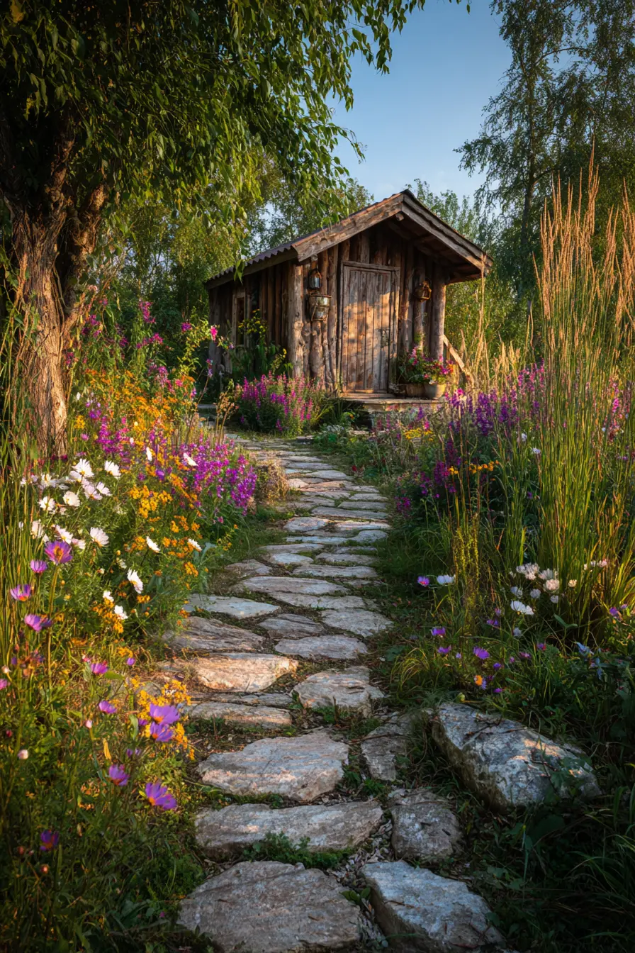 Flagstone Walkway to a Rustic Log Shed