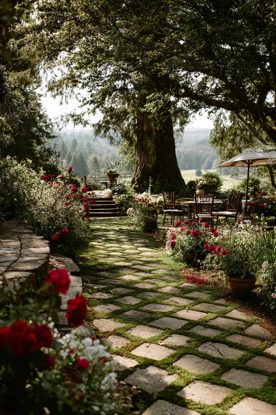 Cobblestone Grass Walkway in a Cottage Garden