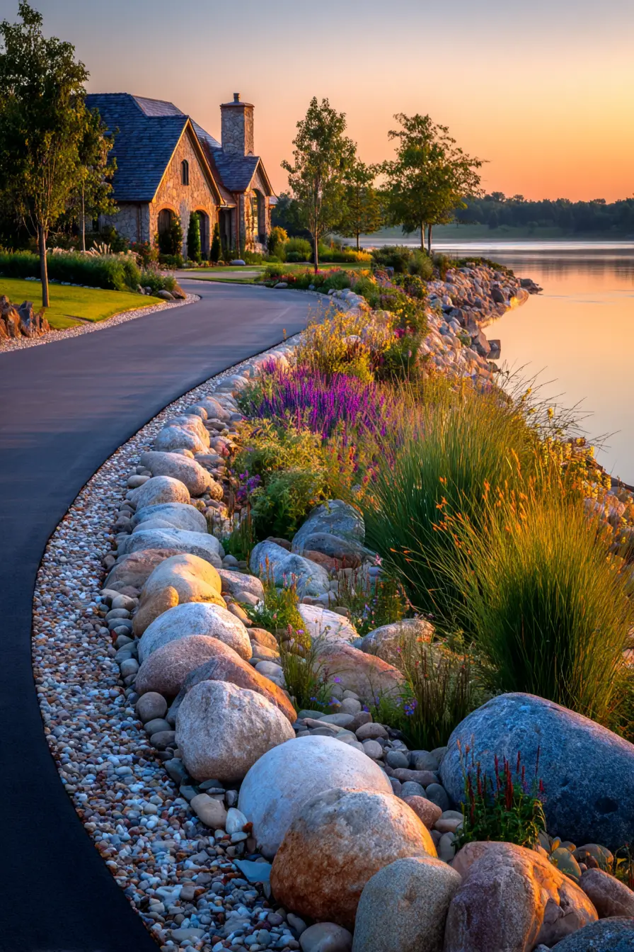River Rock Driveway Border Beside a Lakeside View