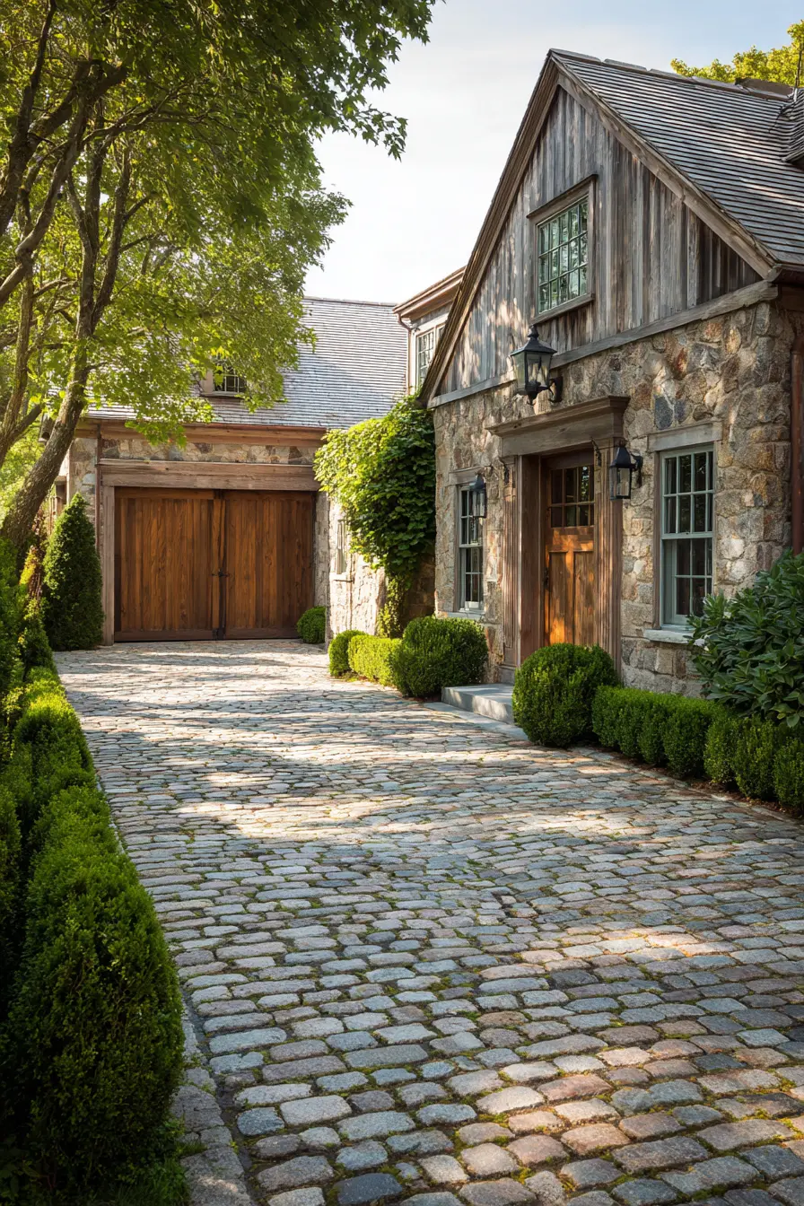 Cobblestone Driveway with Green Hedge Fence