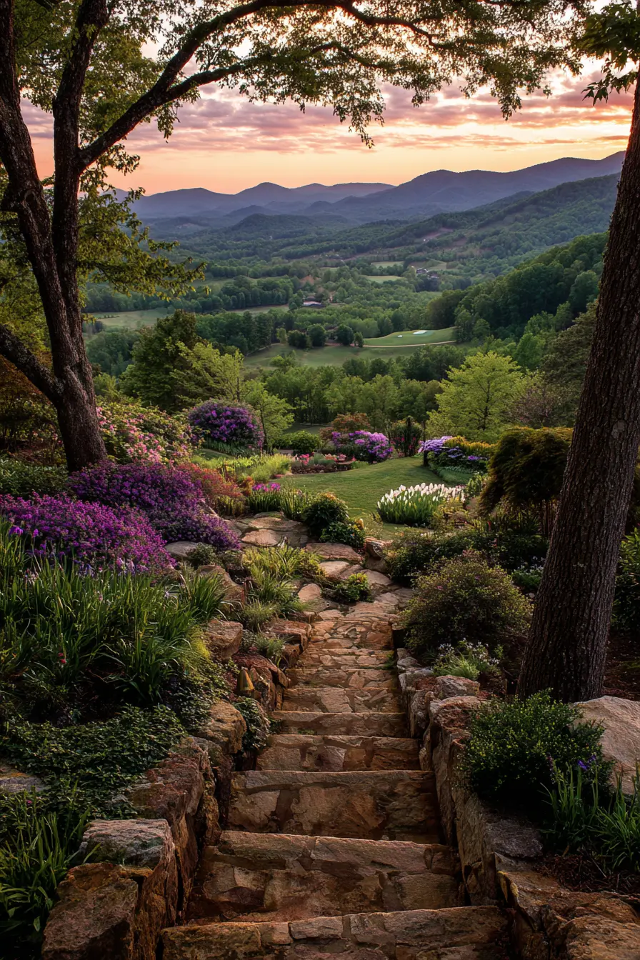 Stone Garden Stairs with Mountain View