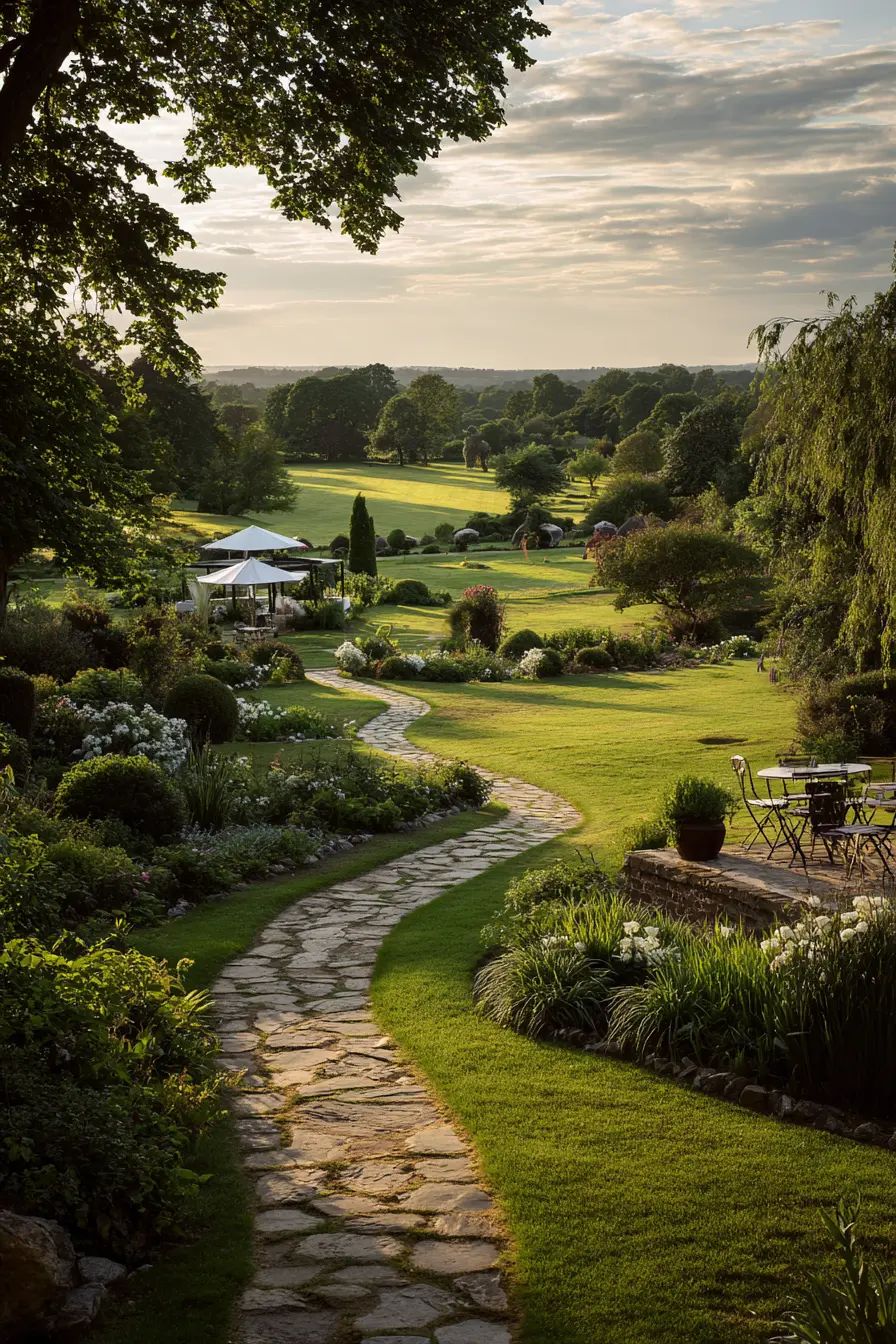 Serene Garden Path with Stone and Grass Flow