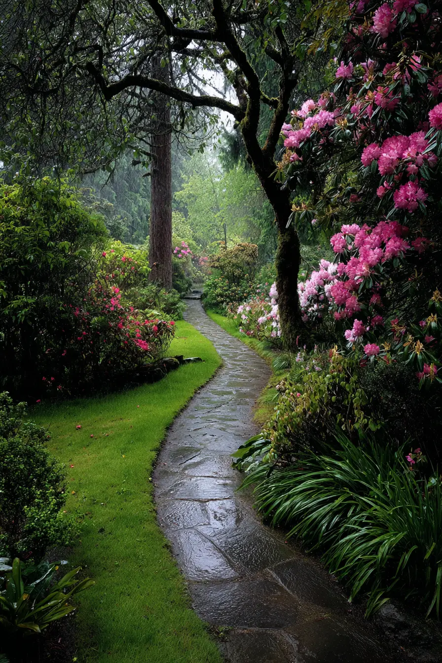 Flagstone Walkway Through a Blooming Garden
