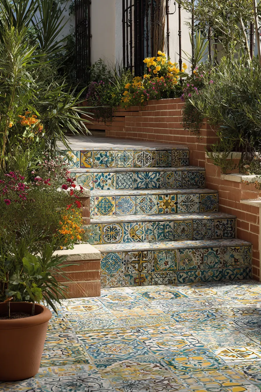 Vibrant Patterned Tile Stair Risers with Mediterranean Touch