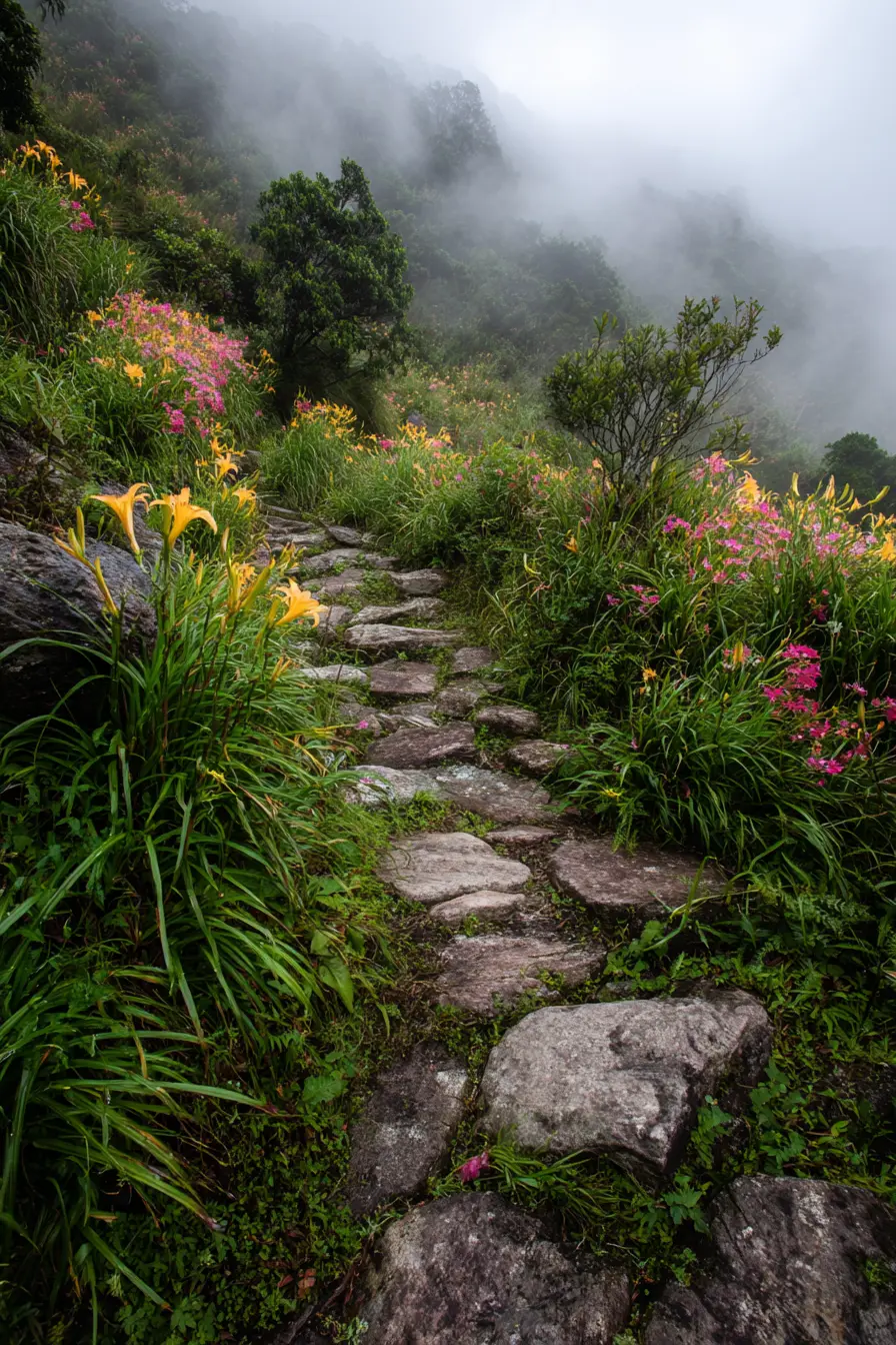 Misty Stone Path Through Wild Blooms