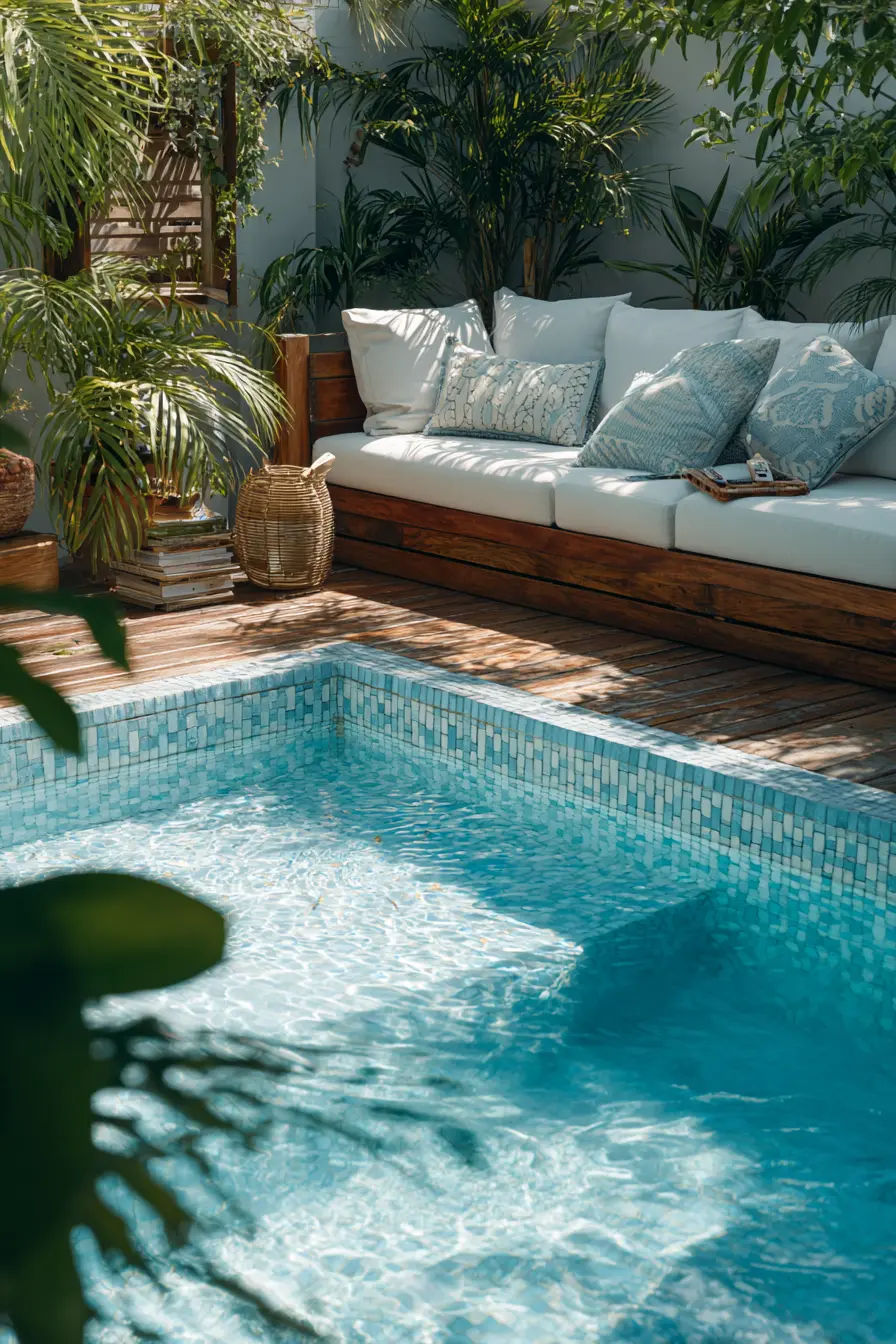 Mosaic Tile Pool with Cozy Lounge Corner