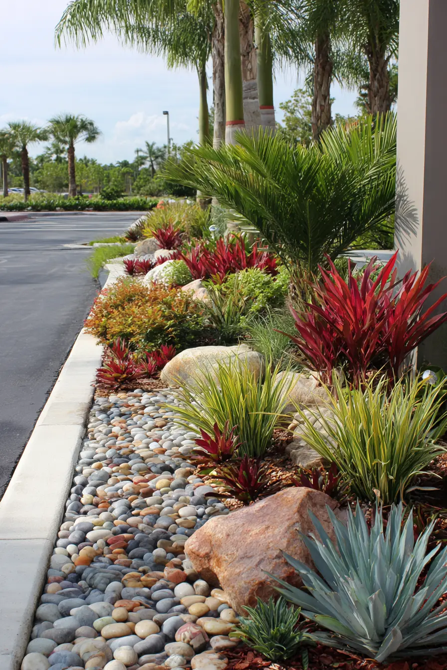 Driveway Island with Tropical Flair and Stone Accents