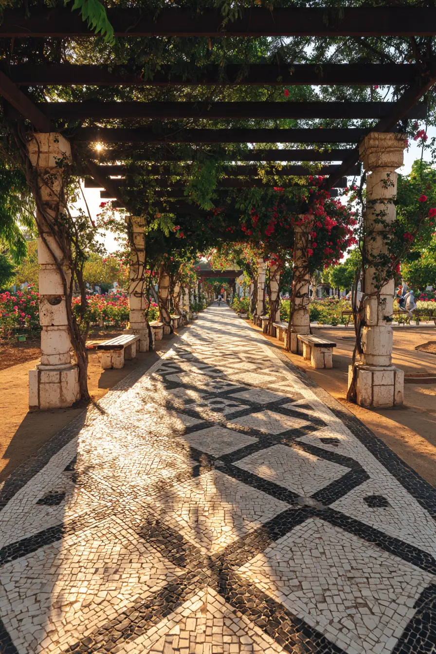 Mosaic Walkway with Pergola Charm