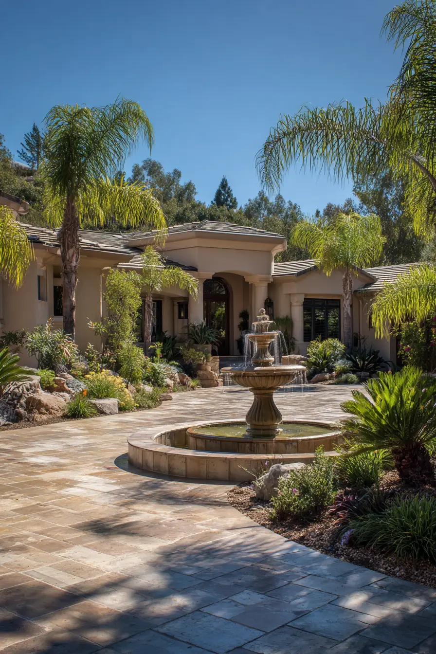 Mediterranean Driveway with Fountain Centerpiece