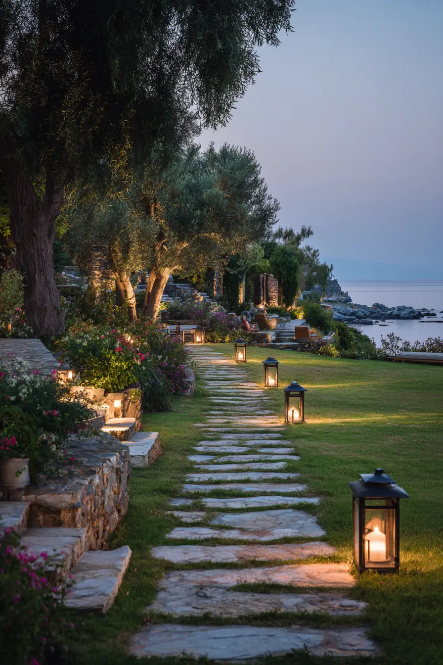 Seaside Limestone Walkway with Lantern Lighting