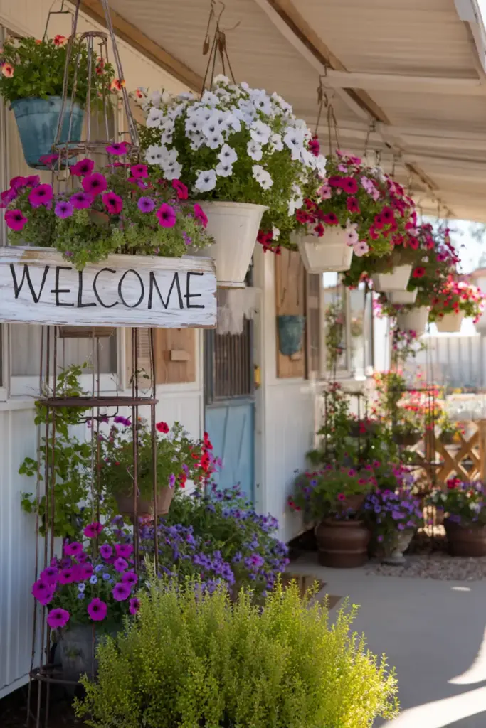 Colorful Hanging Garden for a Mobile Home Porch