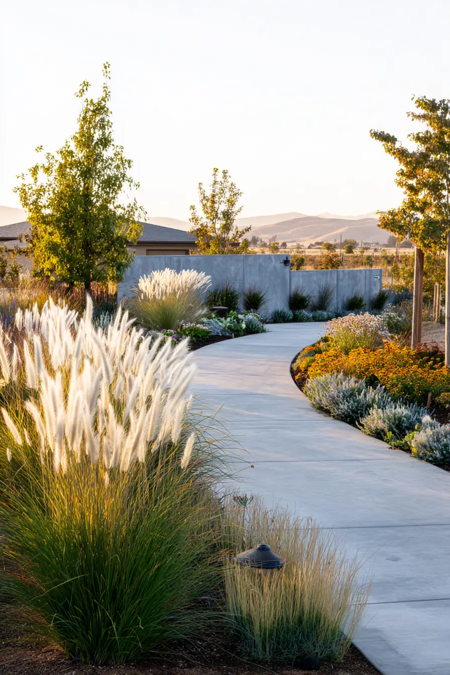 Driveway with Flowing Grasses and Seasonal Color