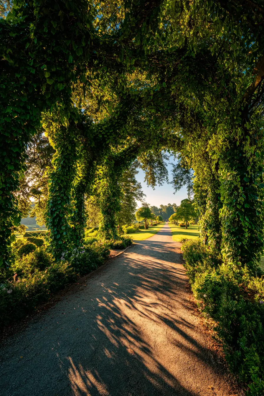Gravel Driveway with Lush Green Archway