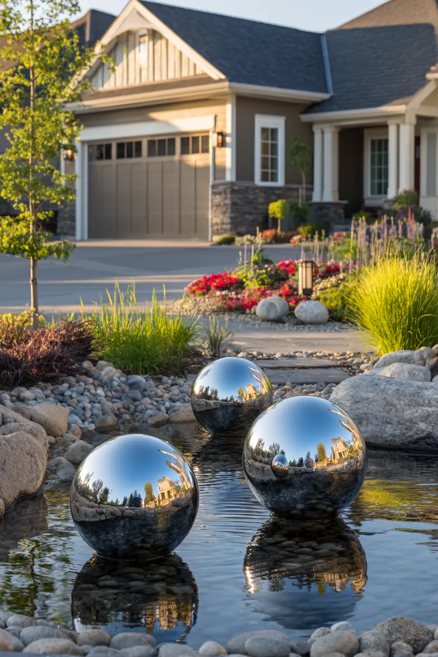 Modern Driveway with Reflective Water Feature