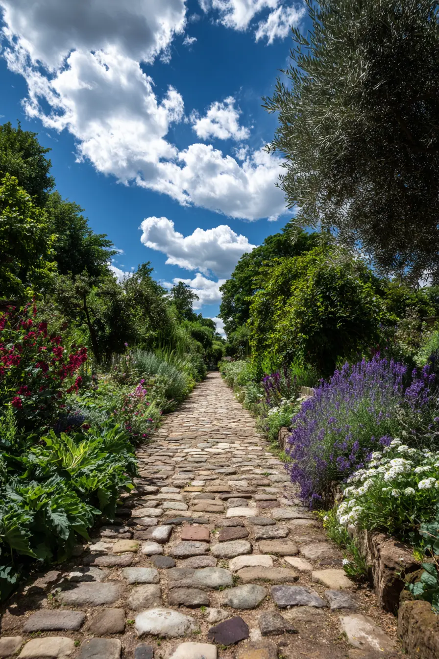 Cobblestone Gravel Pathway Through Flowering Borders