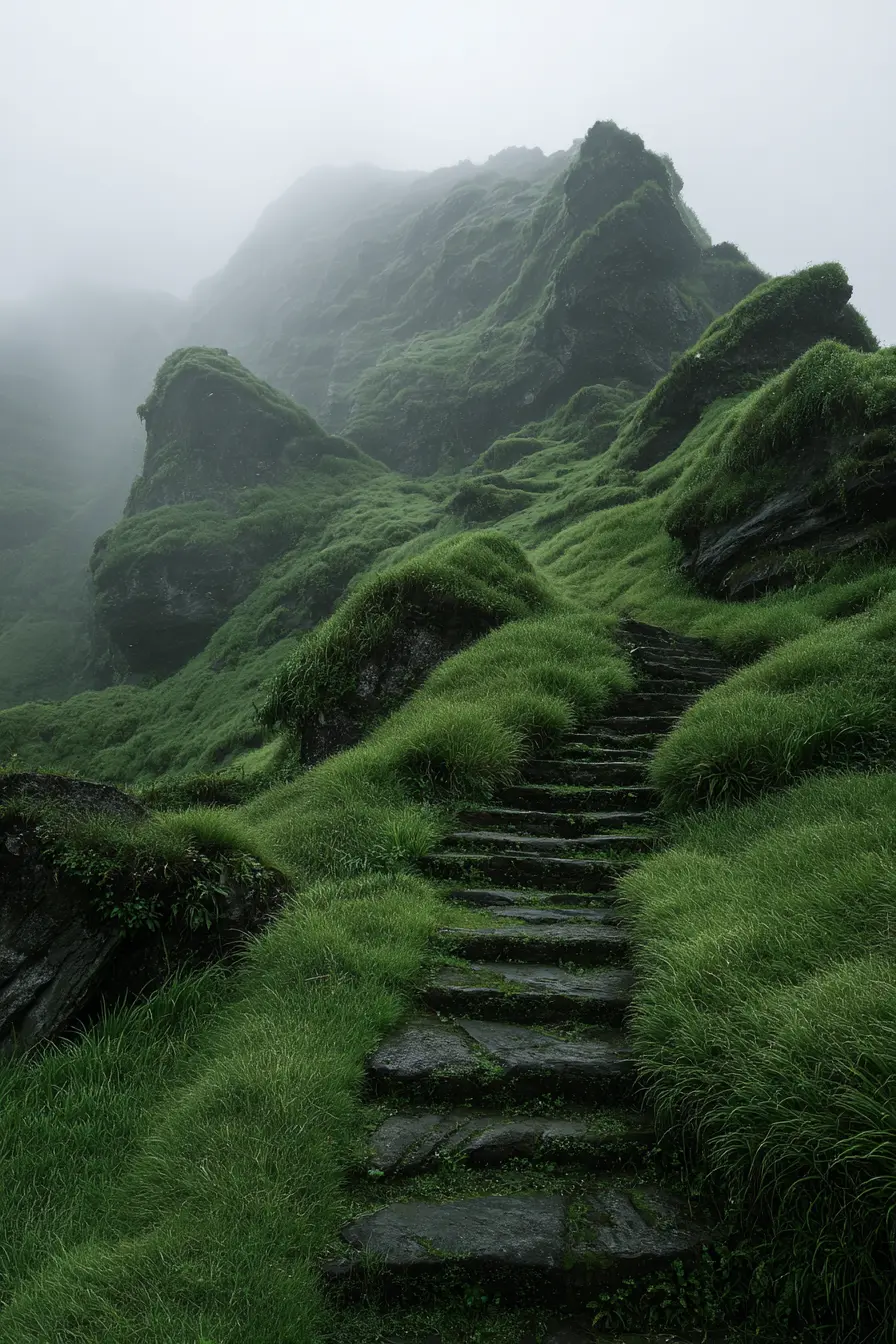 Misty Hillside Steps with Lush Green Slopes